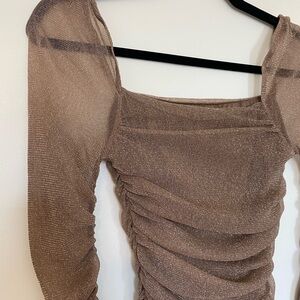 Brown Shimmer Shirt with Mess Sleeves and Ruched Sides